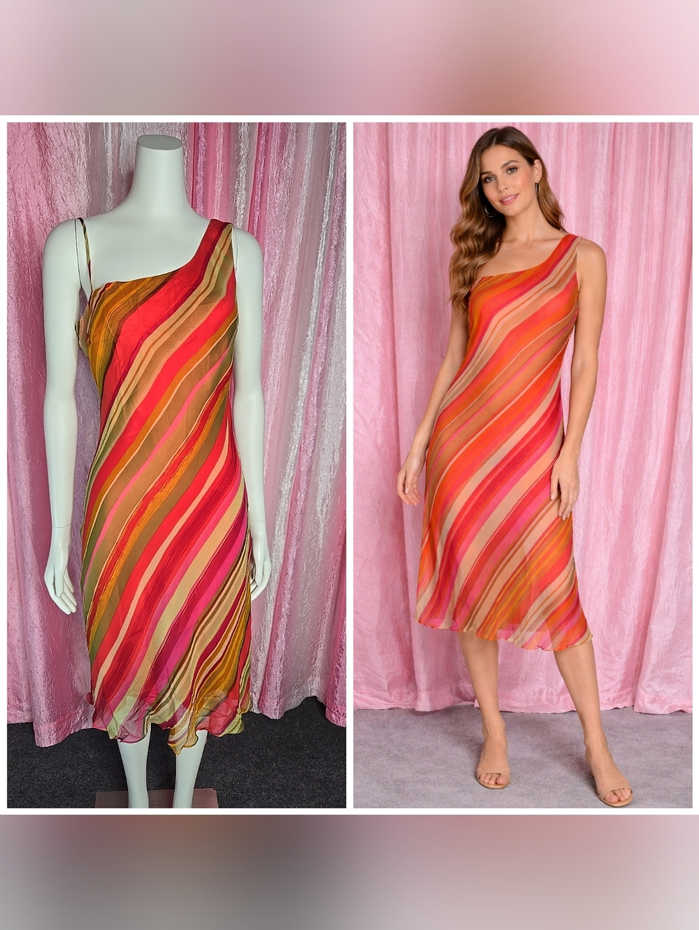 Flores & Flores Colorful One Shoulder 100% Silk Sheath Dress Size 6